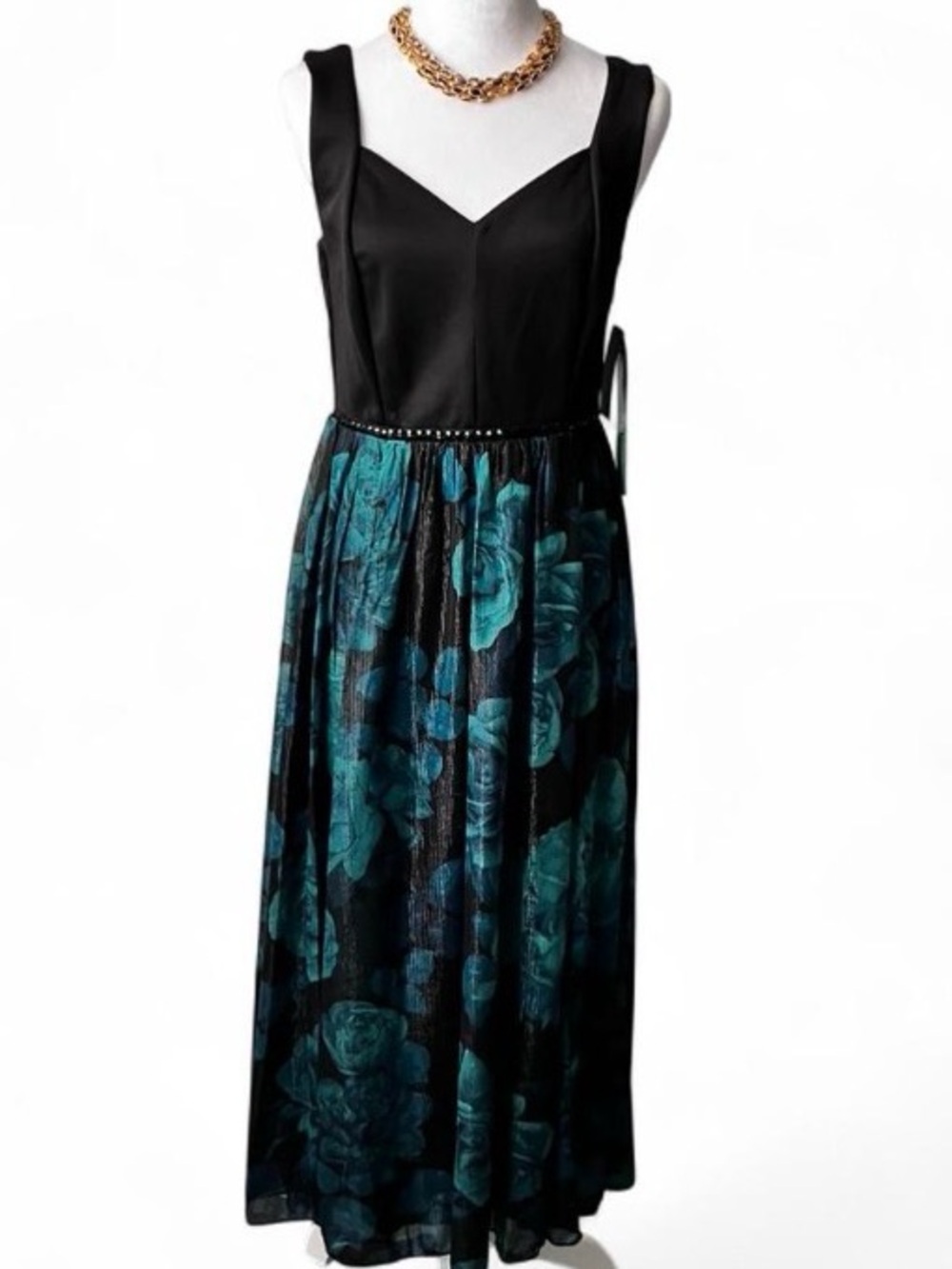 Wedding guest,Black and Teal Floral Petite Sz6 maxi with Jeweled details Dress